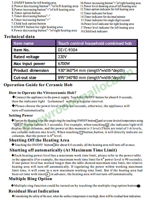 Hướng dẫn sử dụng bếp điện từ Malloca DZC-9304-3
