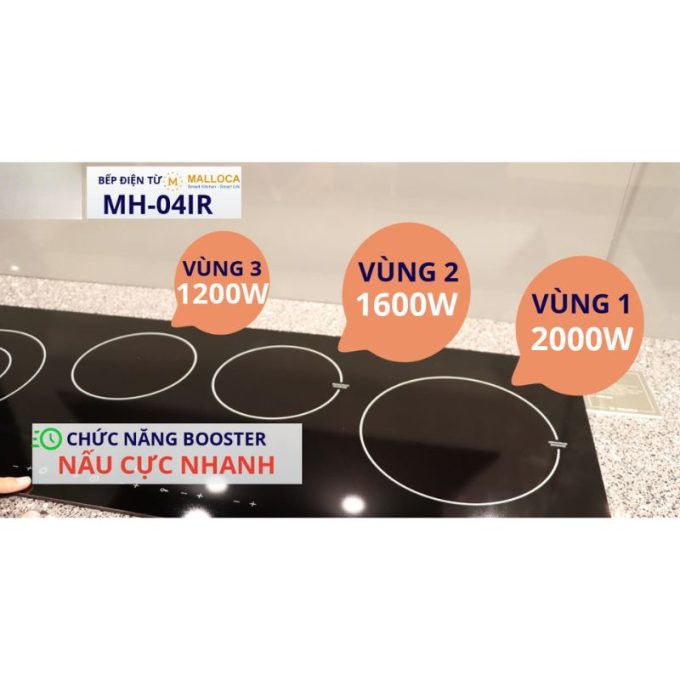 Bếp điện từ 4 vùng nấu Malloca MH-04IR / 2 Vùng từ 2 vùng điện, kính Eurokera 4 3 vùng nấu công suất lớn Malloca MH-04IR