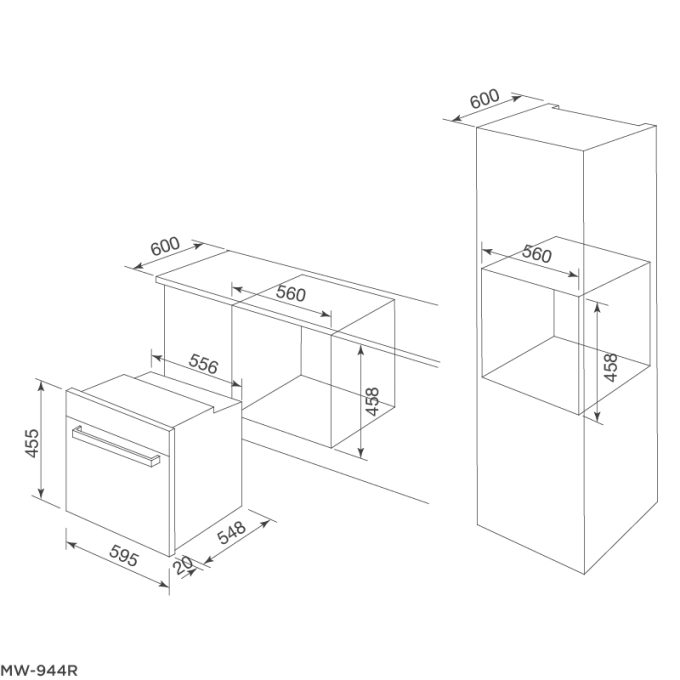 Kích thước sản phẩm lò Malloca MW-944R