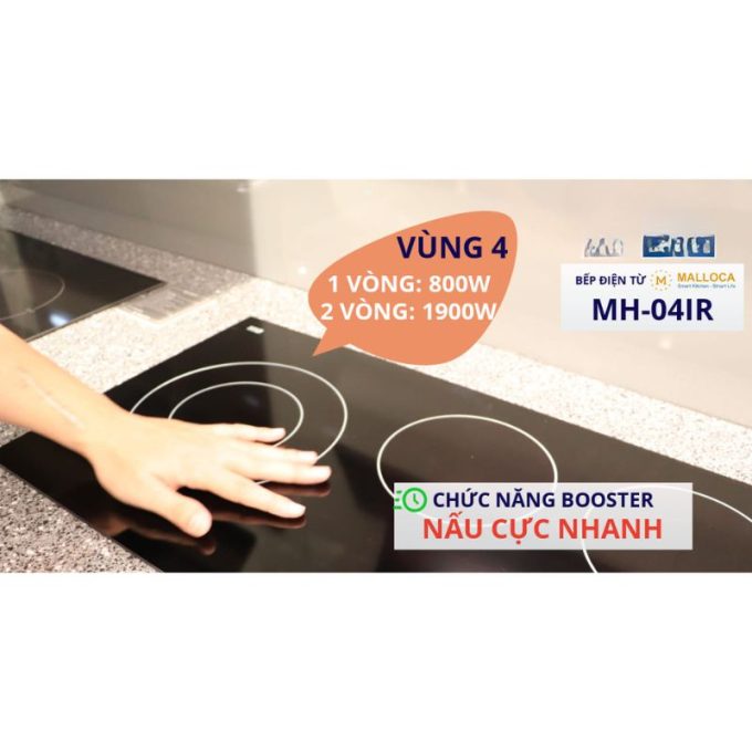 Bếp điện từ 4 vùng nấu Malloca MH-04IR / 2 Vùng từ 2 vùng điện, kính Eurokera 8 Mặt kính Eurokera thương hiệu Pháp Malloca MH-04IR