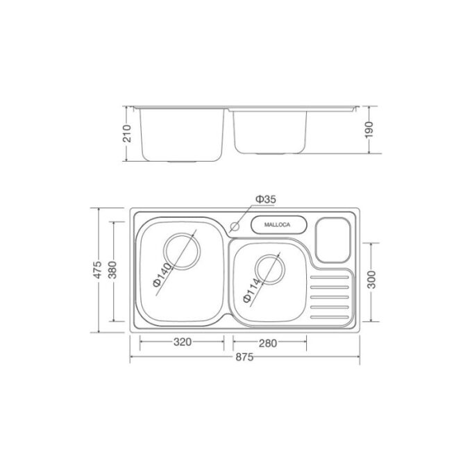 Kích thước chậu rửa bát bán thủ công Malloca MS - 1024