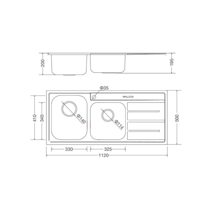 Kích thước chậu rửa bát bán thủ công Malloca MS 1027R NEW