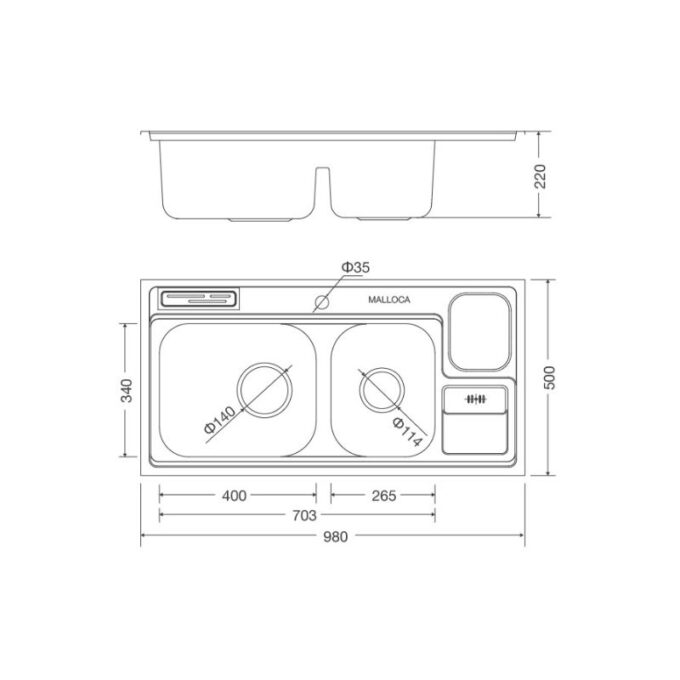 Kích thước Chậu rửa bát bán thủ công Malloca MS 8809