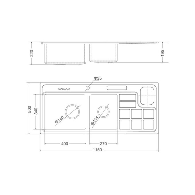 Kích thước chậu rửa bát bán thủ công Malloca MS 8817