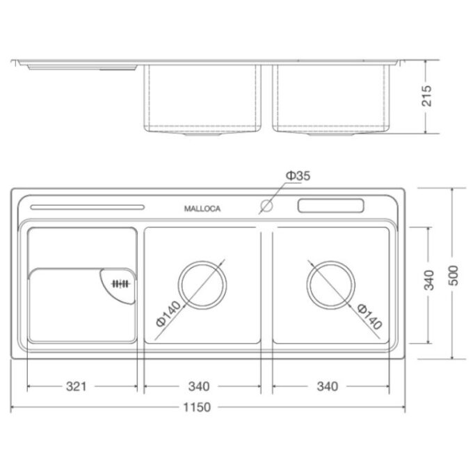Chậu rửa chén Inox Malloca MS 8812 7 kich thuoc chau rua bat inox 2 ho malloca ms 8812