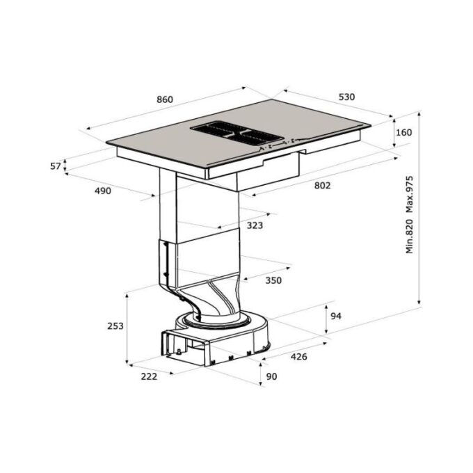 kích thước của Bếp từ kết hợp máy hút mùi Malloca HIH-864