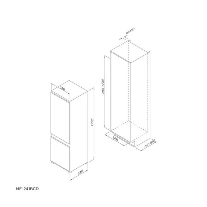 kích thước của Tủ lạnh âm tủ Malloca MF-241BCD