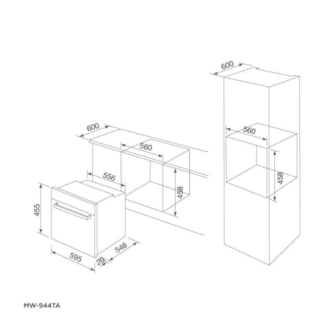 kích thước của Lò nướng kết hợp vi sóng âm tủ Malloca MW-944TF