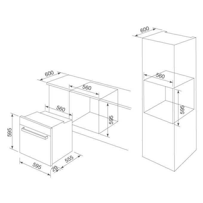 Lò nướng đa năng 75L Malloca MSO-B75TFT lắp âm 7 Kích thước lò nướng đa năng Malloca MSO-B75TFT