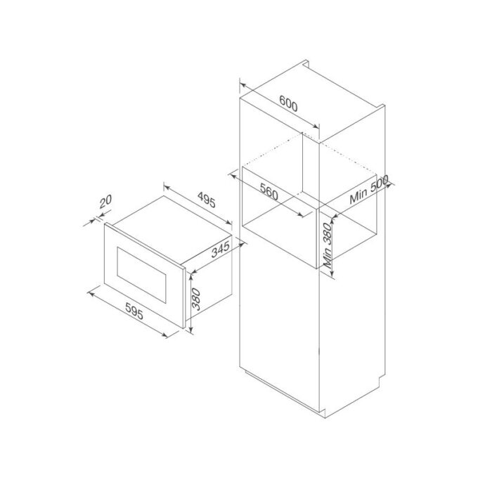 Kích thước lò vi sóng âm tủ Malloca MW-925BF