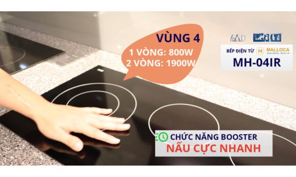 Bếp điện từ 4 vùng nấu Malloca MH-04IR / 2 Vùng từ 2 vùng điện, kính Eurokera 10 Vùng 4 là bếp hồng ngoại