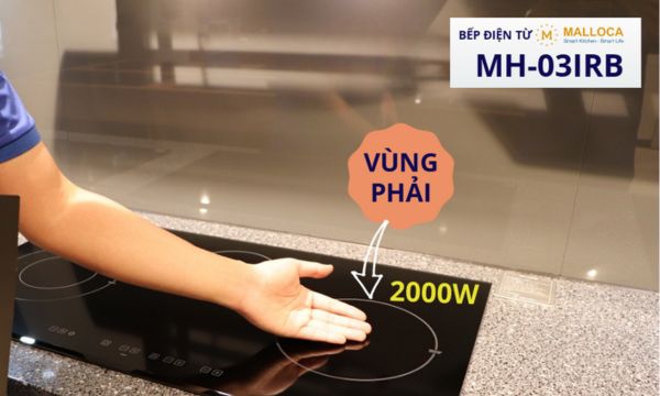 Bếp điện từ 3 vùng nấu Malloca MH-03IRB / 2 Vùng từ 1 vùng điện, kính Eurokera 14 Vùng nấu từ bên phải công suất đến 2000W