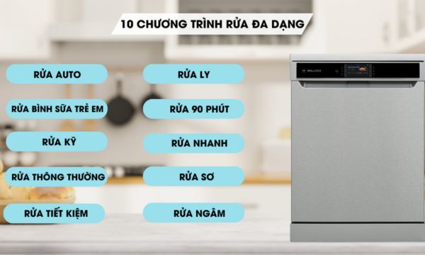 Máy rửa bát Malloca MDW14-S10TFT 12 MDW14-S10TFT 10 chương trình đa dạng rửa của máy